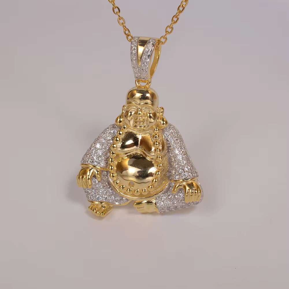 Wholesale 18k Buddha Statue Pendant Necklace Hip Hop Religious Maitreya Buddha 925 Sterling Silver Pendant Buddha Necklace