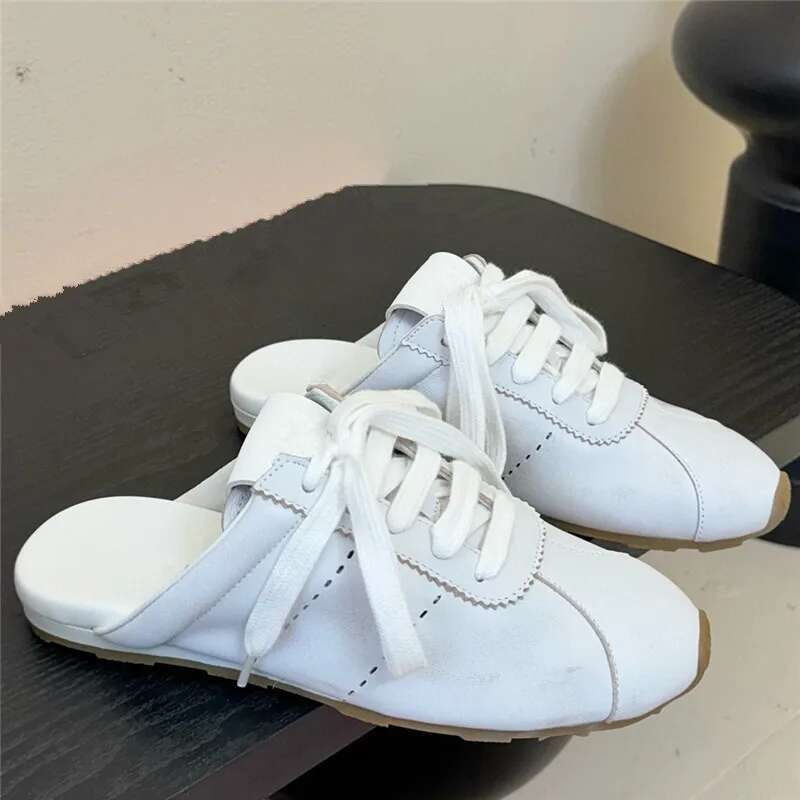 Womens Spring Autumn Slide Tennis Mule Derby Sneaker Shoes Genuine Leather Casual Comfort Flat Low Heel Closed Toe Lace Up