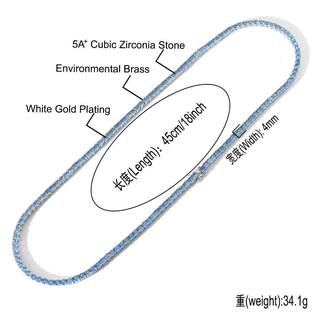 4mm Brass Zircon Tennis Chain 1 Row Necklace Hip Hop Bling Jewelry Gold Silver CZ Tennis Chain Necklace Iced Out