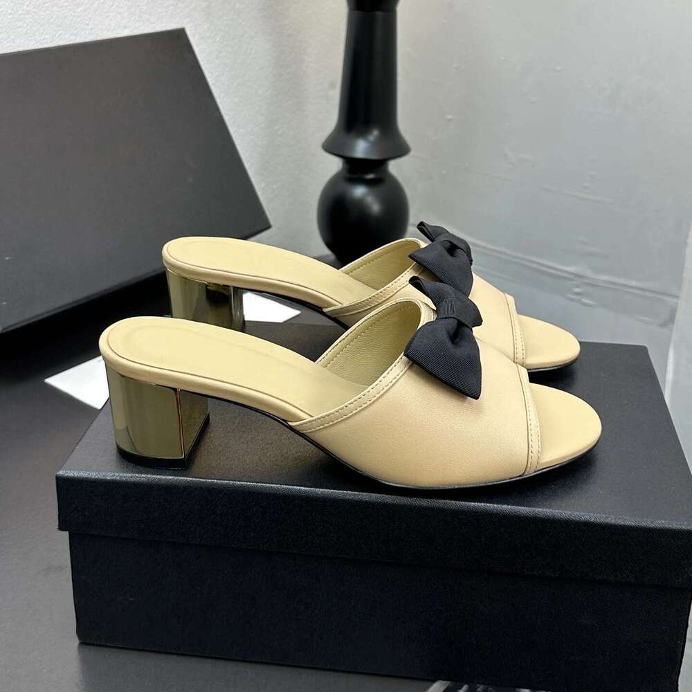 Women Size34-41 Genuine Leather Slippers High Heels Butterfly Knot Pumps Summer Slides Designer Shoes Zapatillas De Mujer