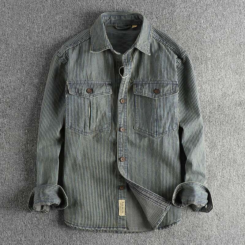 Yarn-Dyed Striped Fabric Washed To Make Old Vintage Cargo Denim For Men European And American Fashion Casual Shirt Coat