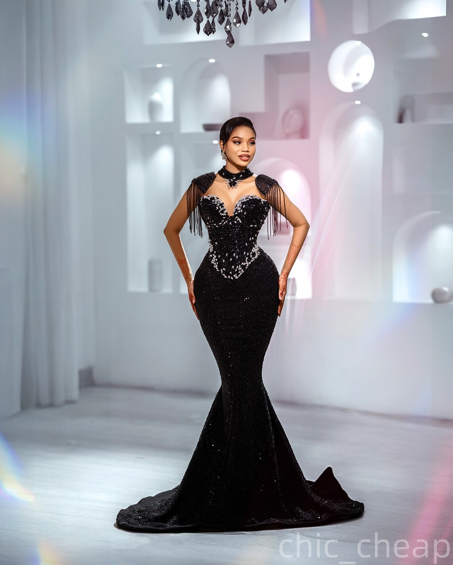 Black Mermaid Plus Size Prom Dresses 2025 Crystals Sequined Tassels Sparkly Evening Formal Party Second Birthday Engagement Gowns Dress For Special Oc