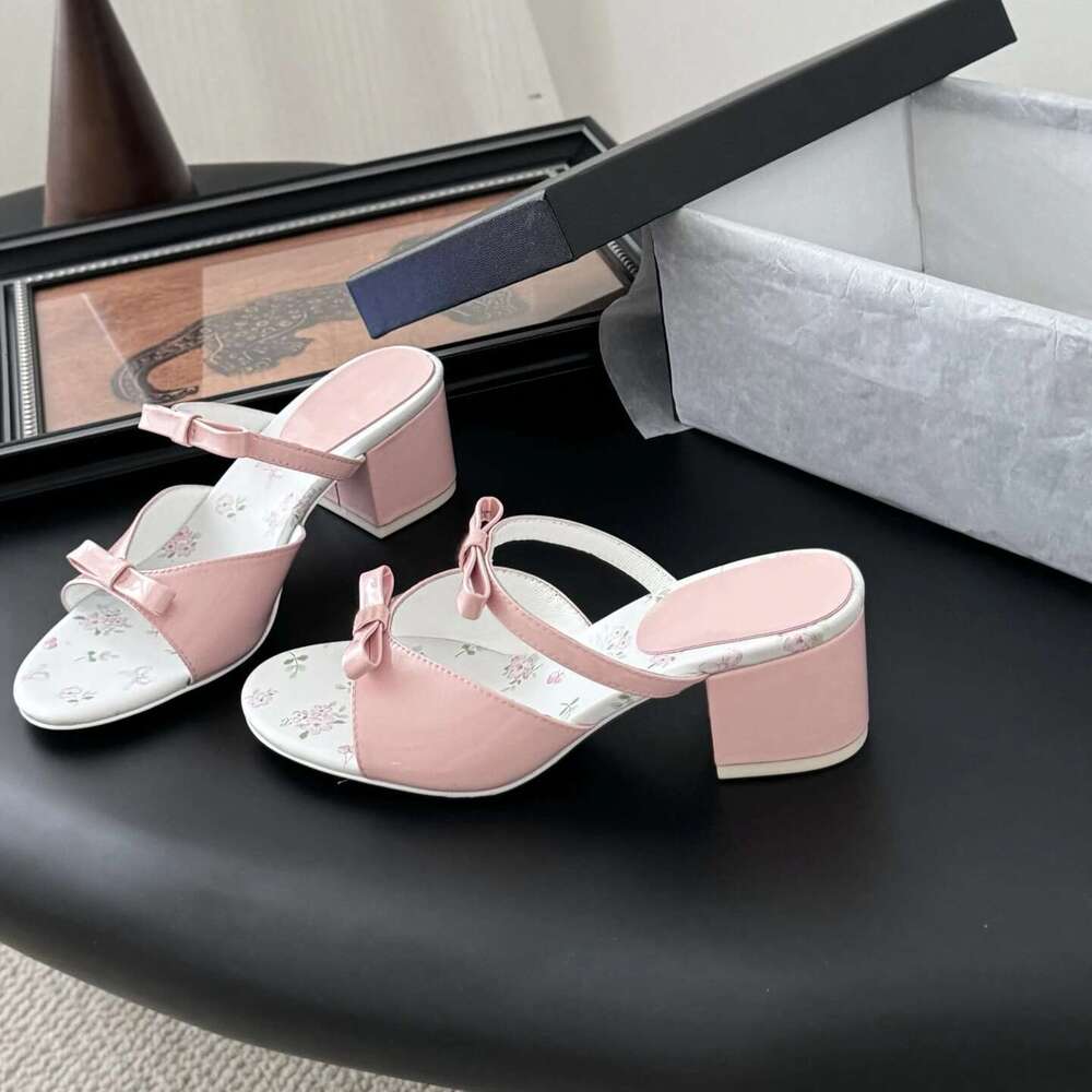Women Size35-41 Genuine Leather Slippers Med Heels Butterfly Knot Summer Slides Prints Designer Shoes Zapatillas De Mujer