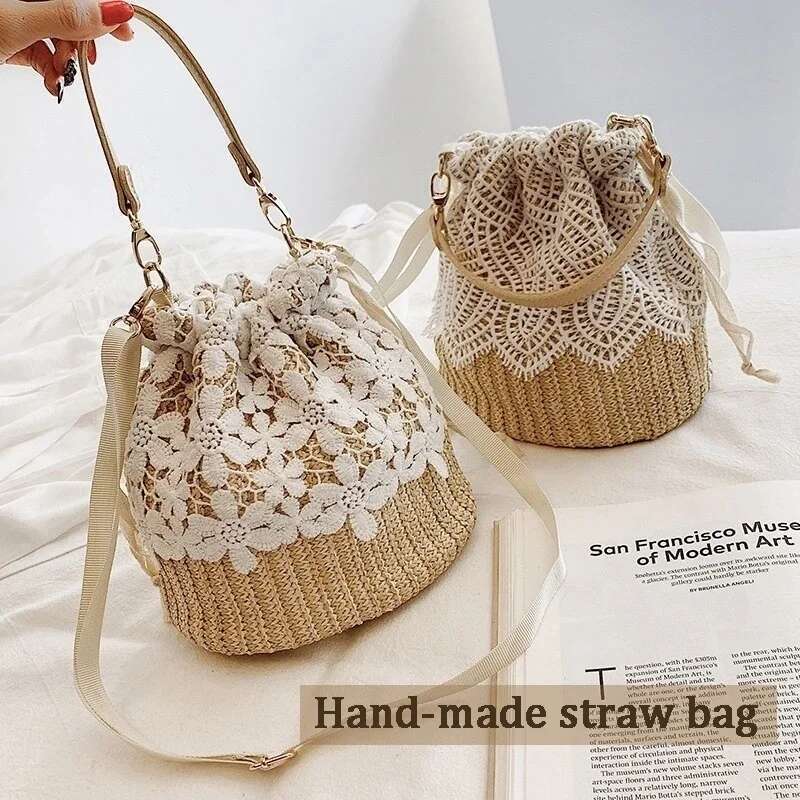 New Straw Plaited Article Women Bucket Causal Holiday Beach Elegant Lace Staw Shoulder Crossbody Bag