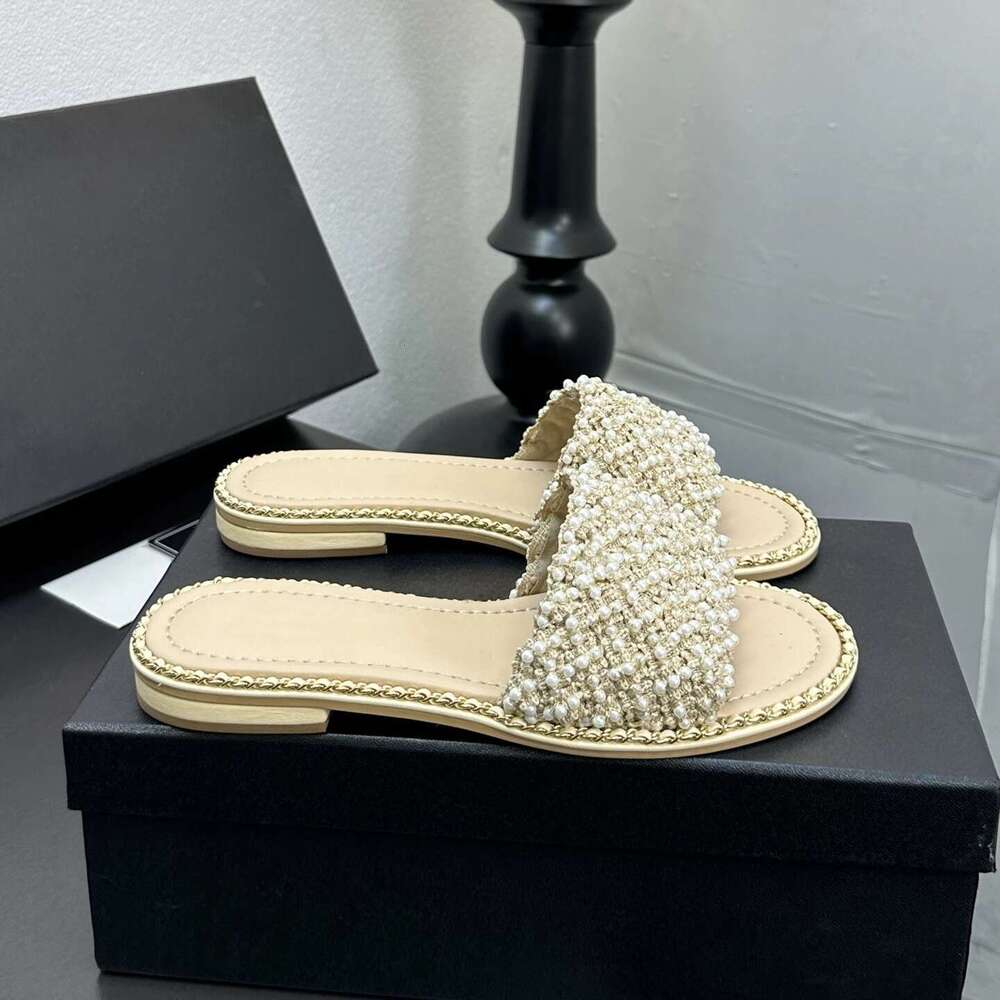 New Women Size35-41 Genuine Leather Slippers Med Heels Chain String Bead Summer Slides Designer Shoes Zapatillas De Mujer