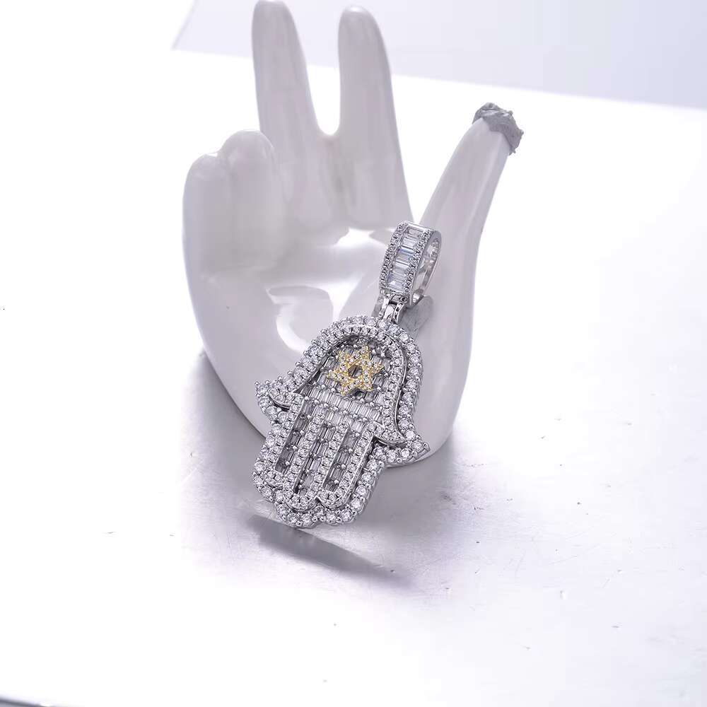 Hiphop Jewelry Baguette Cz Diamond Hamsa Hand Mens Fatima Pendant