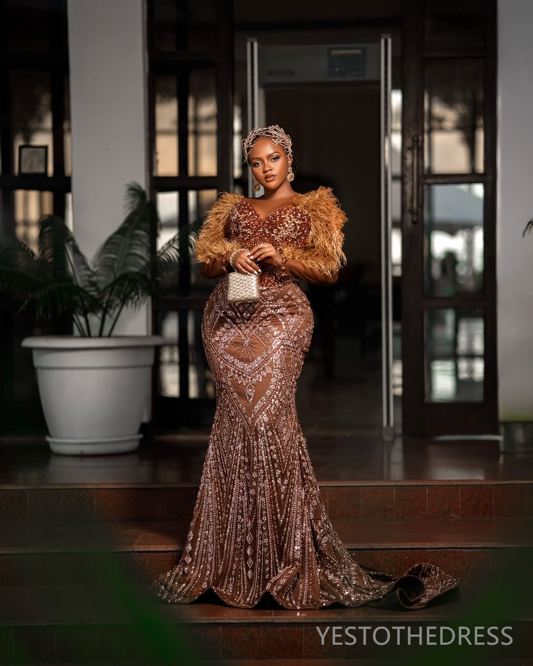 2025 Plus Size Brown Aso Ebi Prom Dress Mermaid Prom Dresses Evening Formal Gowns Long Sleeves Feather Beaded Lace Birthday Dress Second Reception Gow