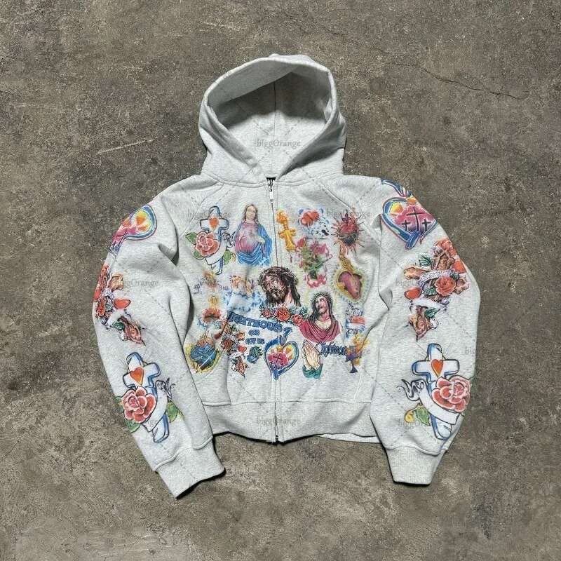 Y2k Haruku Retro Oversized Zipper Street American Style Cross Print Hoodie Trendy Casual All-Match Sweatshirt Jacket Designer