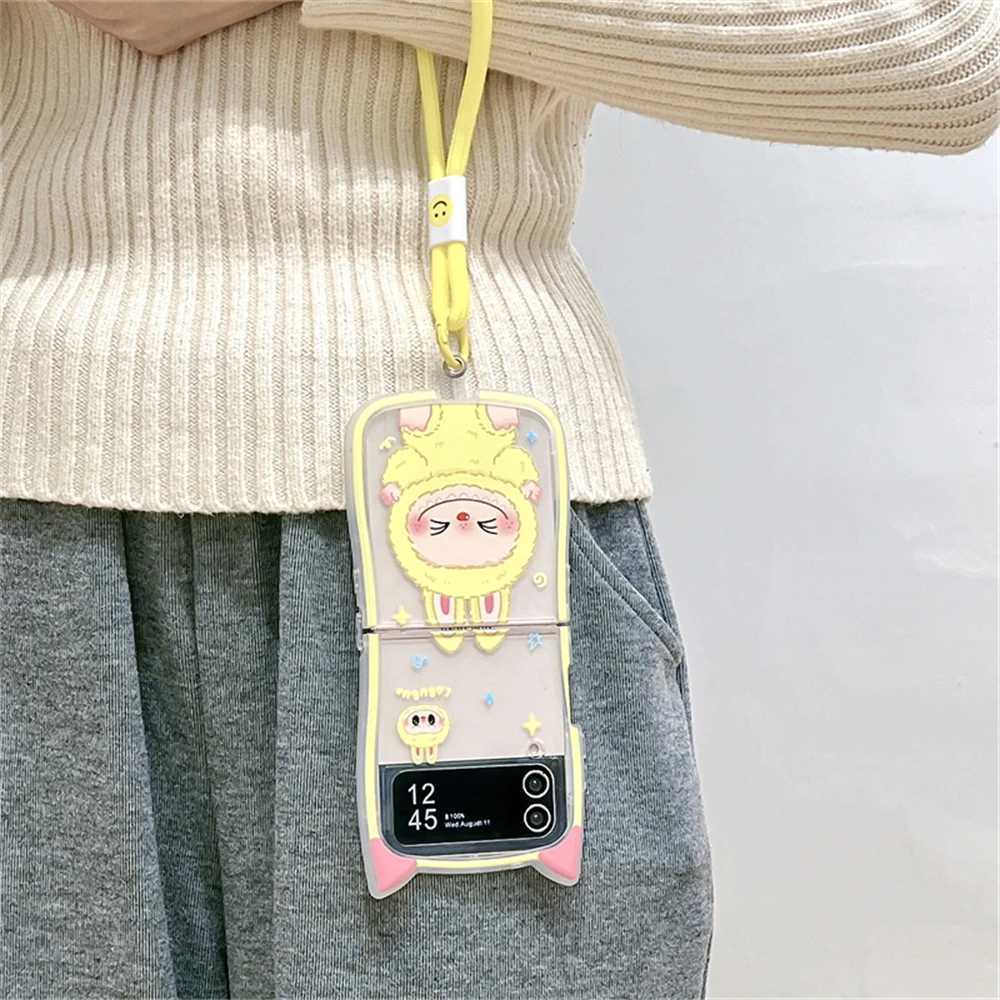 Korean Cute LaBuBu Cat Ears Phone Case For Galaxy Z Flip 6 5G Lovely Hand Strap Cover For Galaxy Z Flip 3/4/5/6 Shell Y250512
