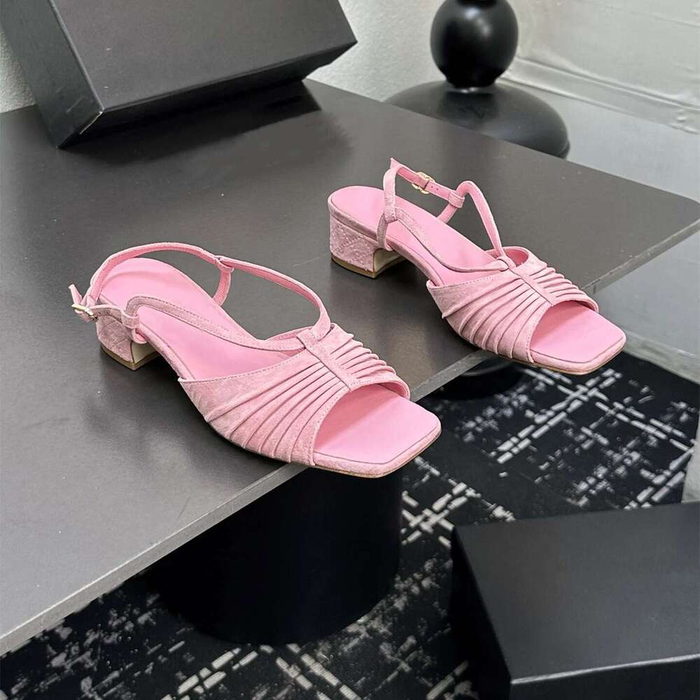 New Women Size35-41 Natural Kid Suede Sandals Med Heels Pumps Slingbacks Sewing Pleated Designer Shoes Zapatillas De Mujer