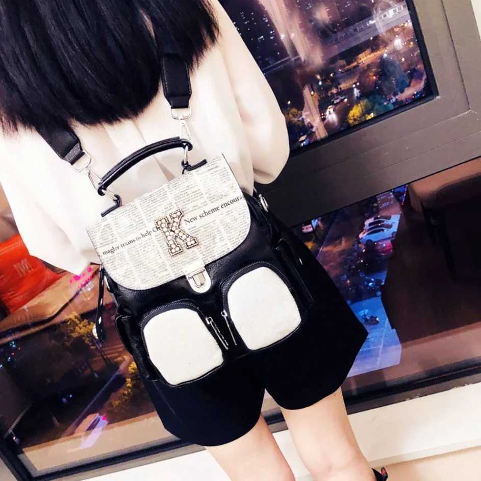 Female Casual News Paper Printing Iridescent Rhinestone Backpack Women Vegan Leather Travel Shiny Multi Pockets Daily Bagpack Z250512