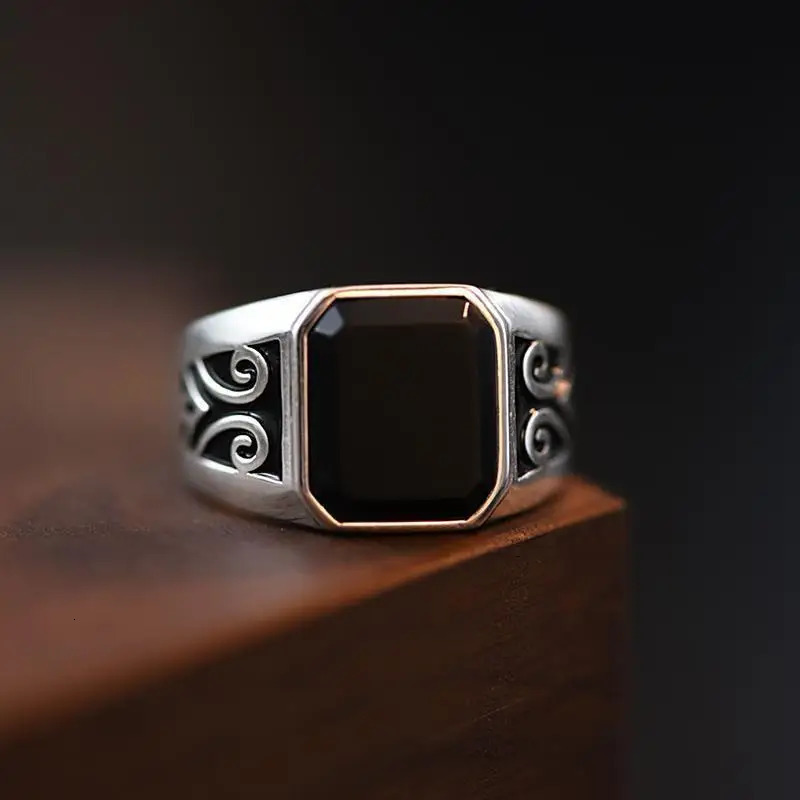 Black Zircon Rings Men Retro Auspicious Cloud Pattern Obsidian Open Index Finger Ring Punk student Jewelry Accessories 250509