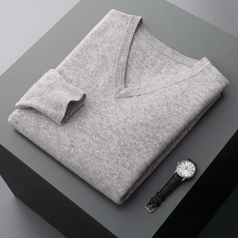 Autumn And Winter New Men's V-Neck Cashmere Loose Thickened Solid Color Wool Knitted Bottoming Shirt Business Casual Sweater-250512