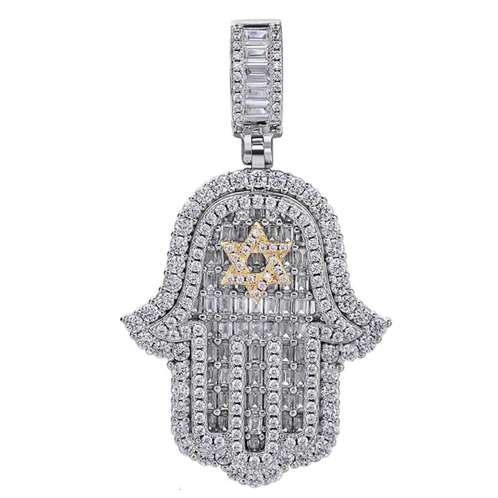 Hiphop Jewelry Baguette Cz Diamond Hamsa Hand Mens Fatima Pendant