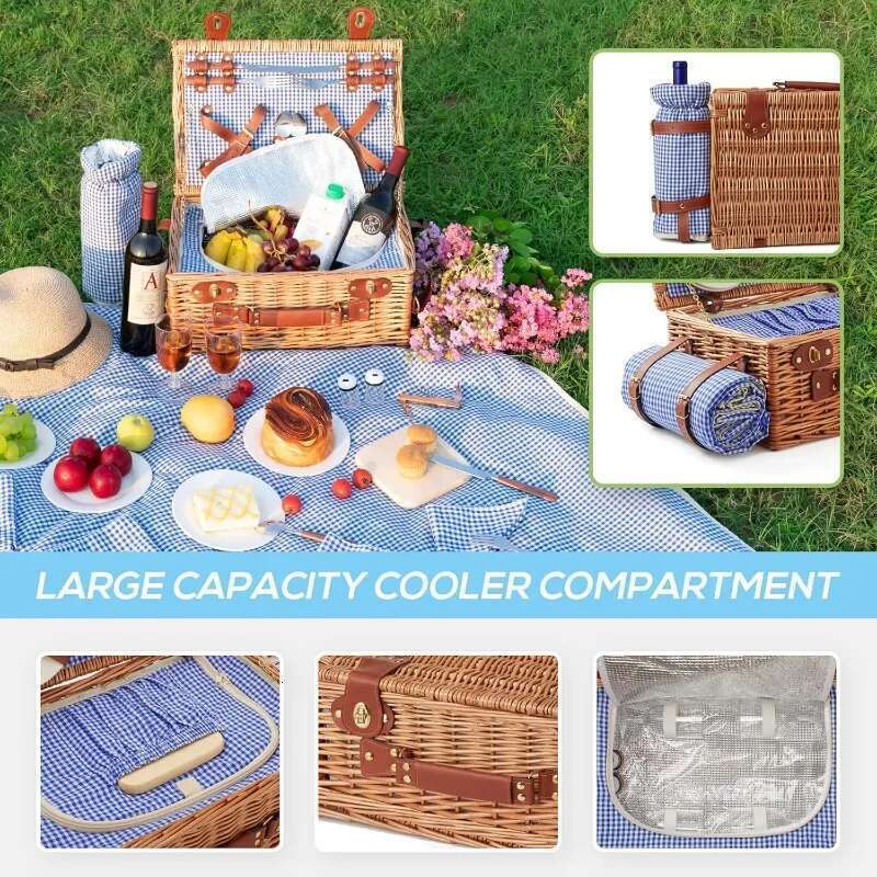 Wicker Basket Set For 4 Person With Cooler Compartment And Waterproof Picnic Blanket,Removable Strap,Wine Bag