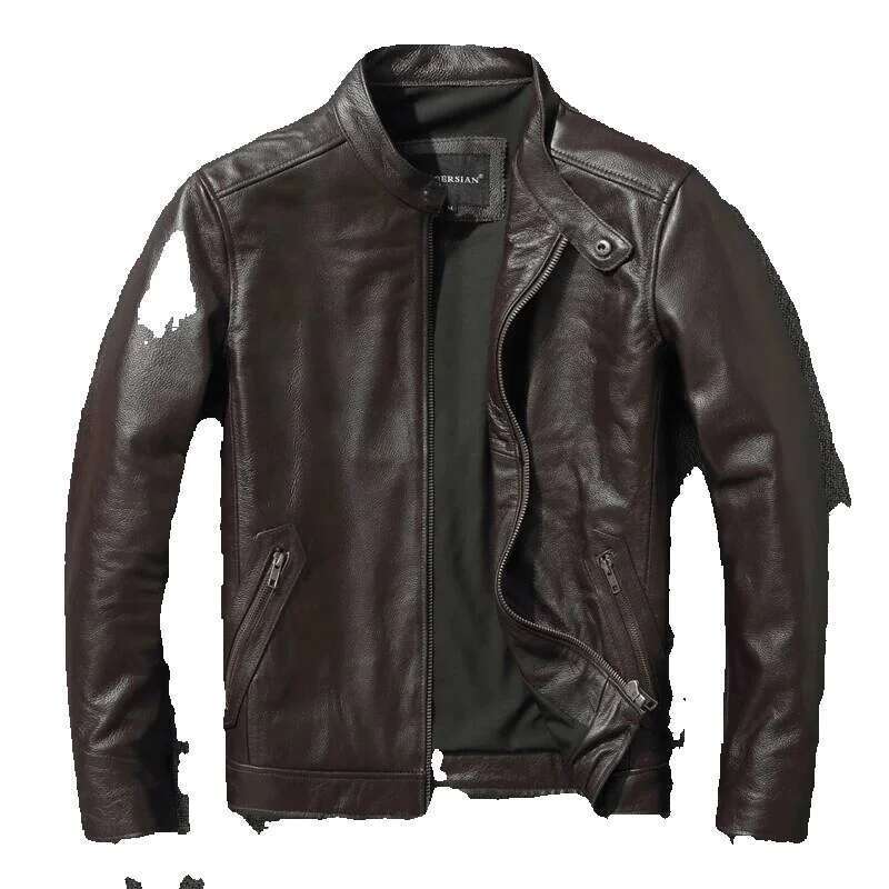 Top Layer Cowhide Fashion Slimfit Stand Collar Leisure Bomber Jacket 100% Genuine Leather Men's Vintage Short Zipper M