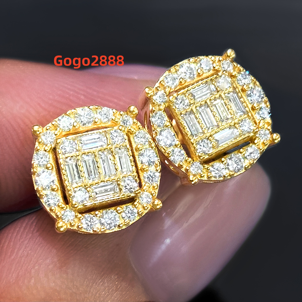 Hip Hop Solid Silver Custom 925 Earring Vvs1 Moissanite Earrings Women Jewelry 18K Gold Color Round Micro Pave Stud Earrings