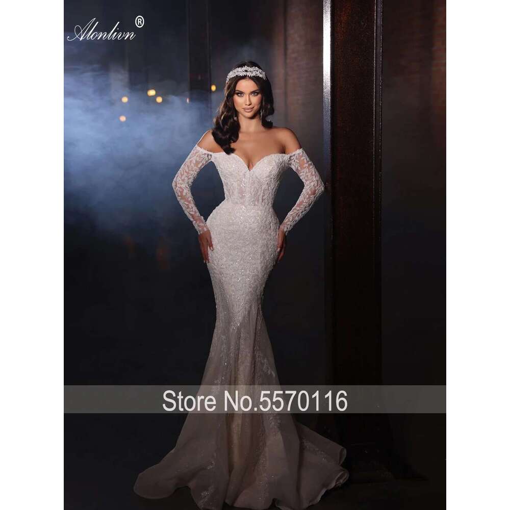 Alonlivn Luxurious Embroidery 2 In 1 Mermaid Bridal Gown Beading Appliques Lace Off Shoulder Sleeves Sweetheart Wedding Dress