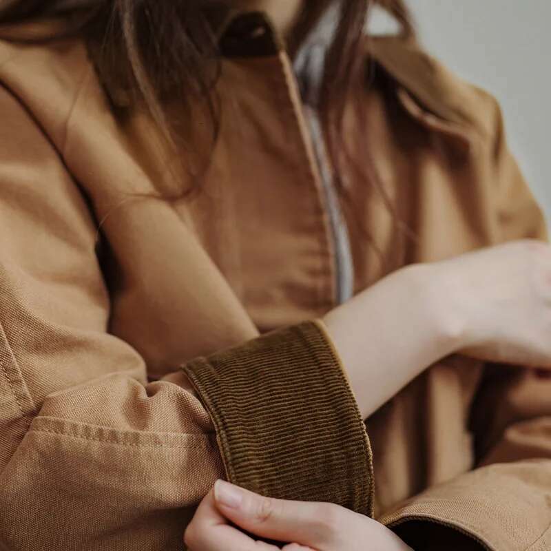 Maden Retro Khaki Corduroy Collar Jacket Heavyweight Canvas Outerwear Loose Fit Casual Coat for Women's Autumn and Winter Tops
