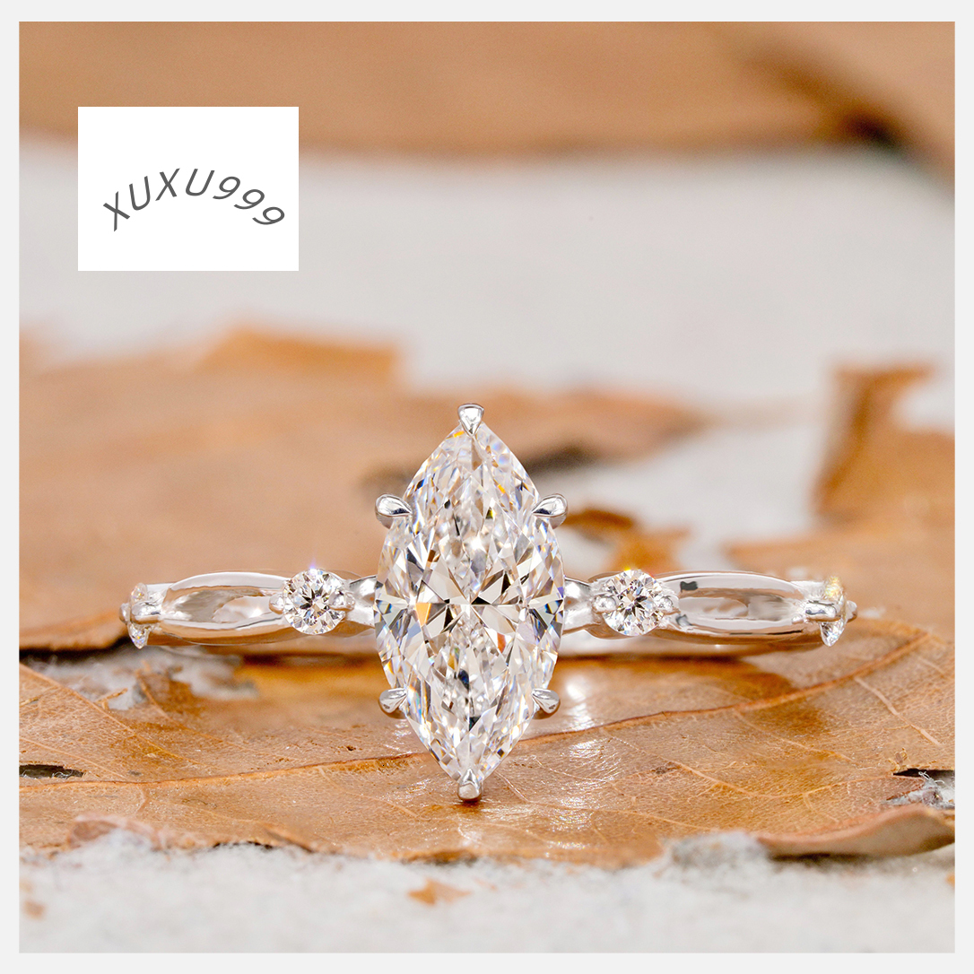 Elisa Jewelry CVD Lab Grown Diamond Round Marquise Cut Engagement Wedding Ring 10K 14K 18K Real Gold Melee Diamond Fine Jewelry