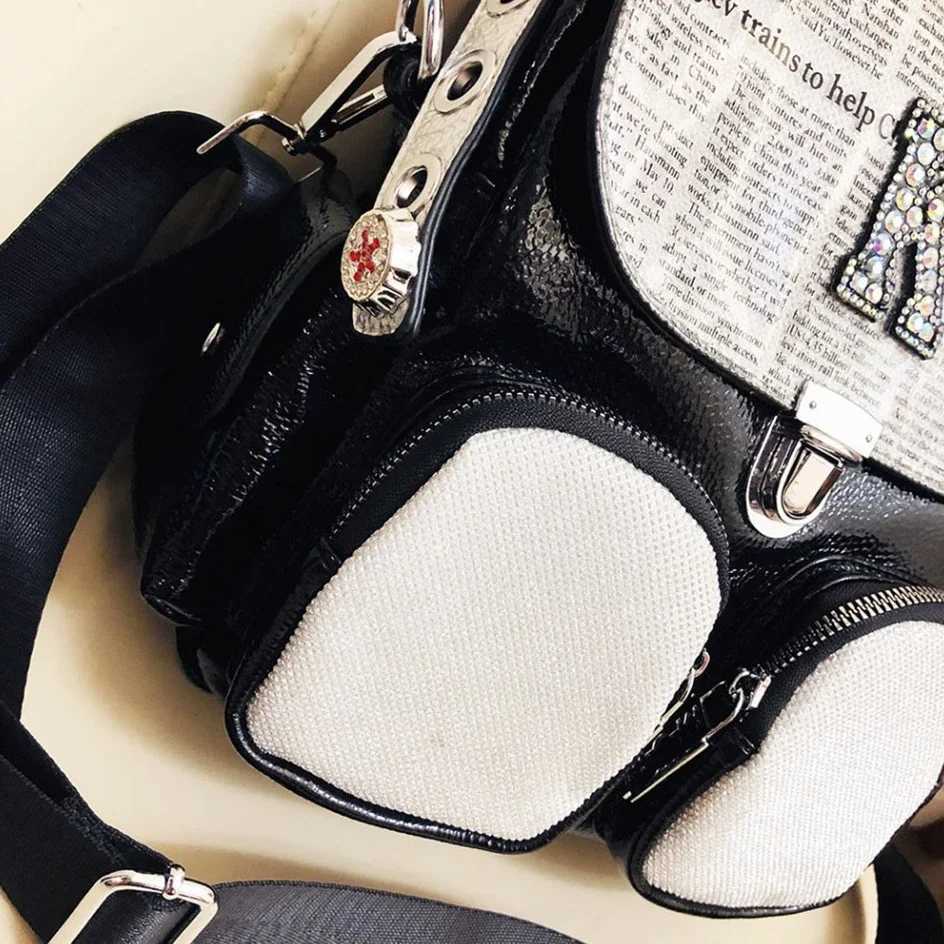 Female Casual News Paper Printing Iridescent Rhinestone Backpack Women Vegan Leather Travel Shiny Multi Pockets Daily Bagpack Z250512