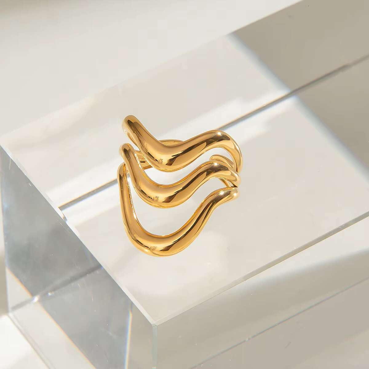 J D 18k Gold Stainless Steel Adjustable Ripple Wave Cutout Open Ring Trendy Irregular Hollowed Minimalist Style