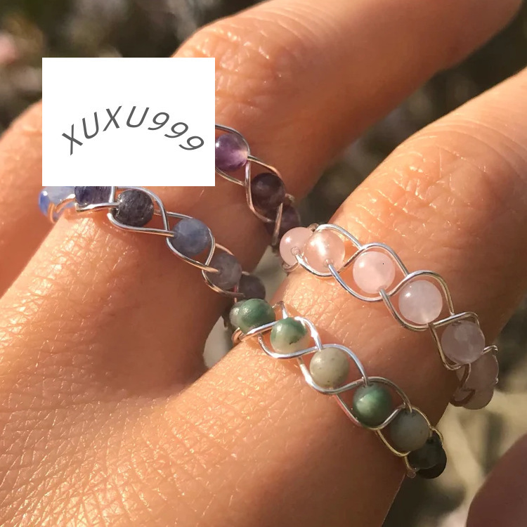 Wholesale Fashion Adjustable Natural Crystal Jewelry Rings Healing Copper Wire Wrapped Natural Stone Rings