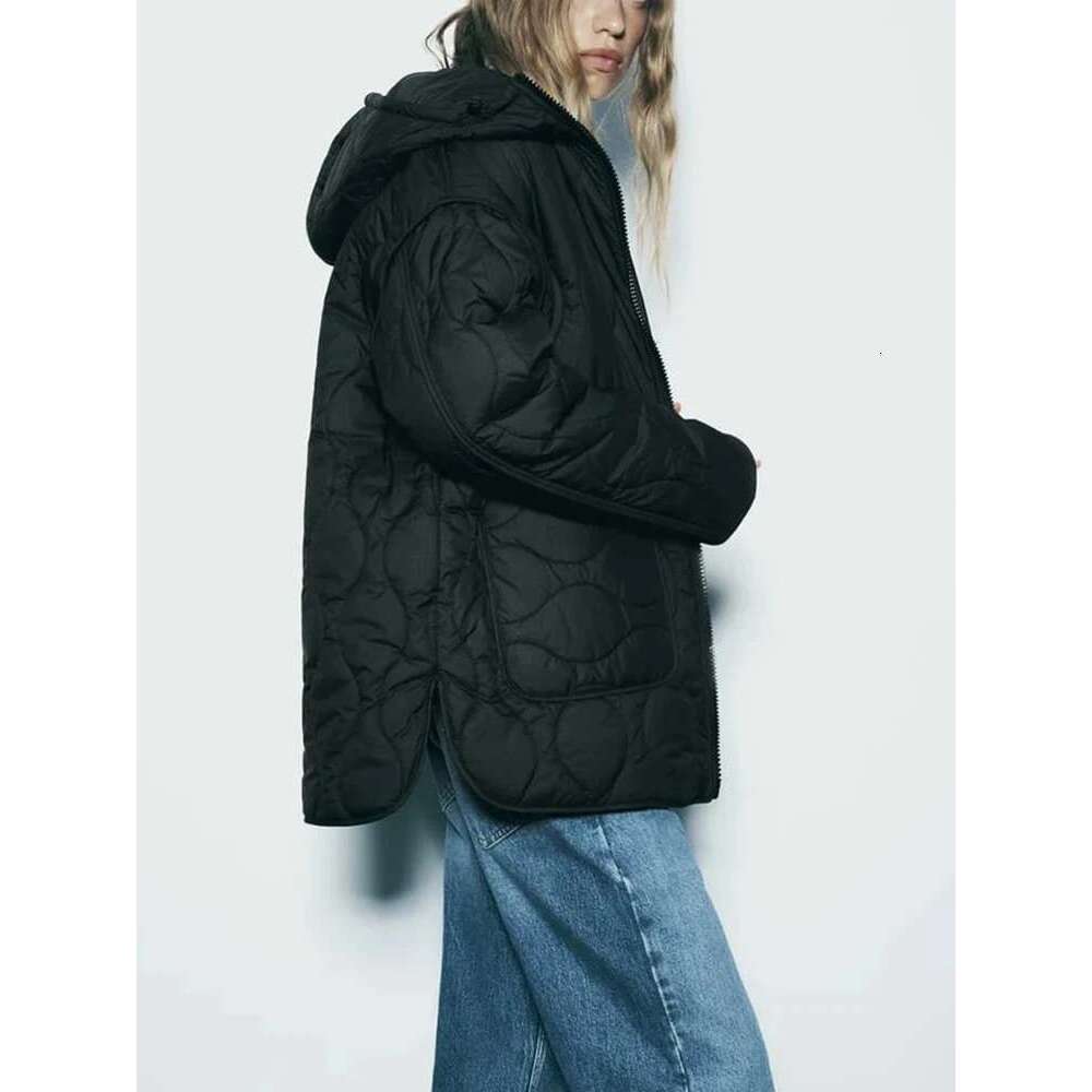 TRAF New Hooded Jacket Autumn And Winter Zipper Long Sleeve Warm Solid Color Cotton Clothing Fashionable Women's Tops