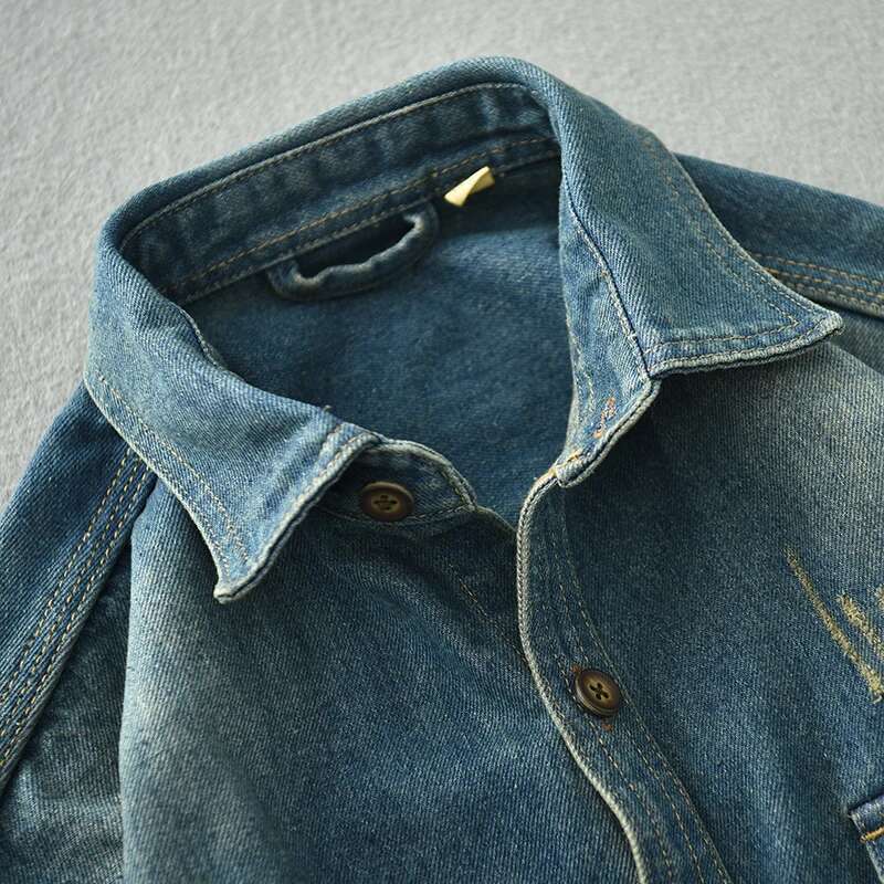 Chunky Washed Denim Shirt For Men Autumn/Winter Youth Retro Casual Loose Shirt Jacket