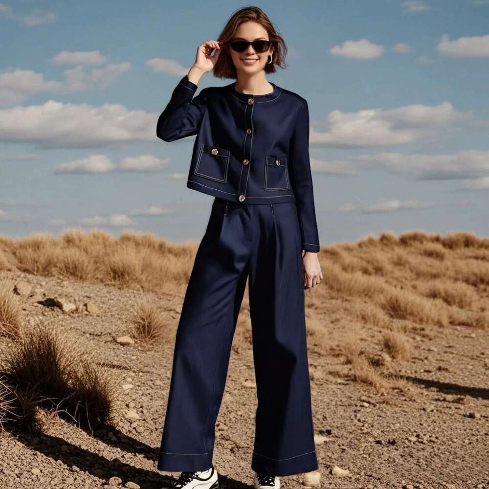 PB&ZA Women's Set Long sleeved Cropped Jacket with Gold Buttons Matching Wide - leg Pants for a Chic and Elegant Look