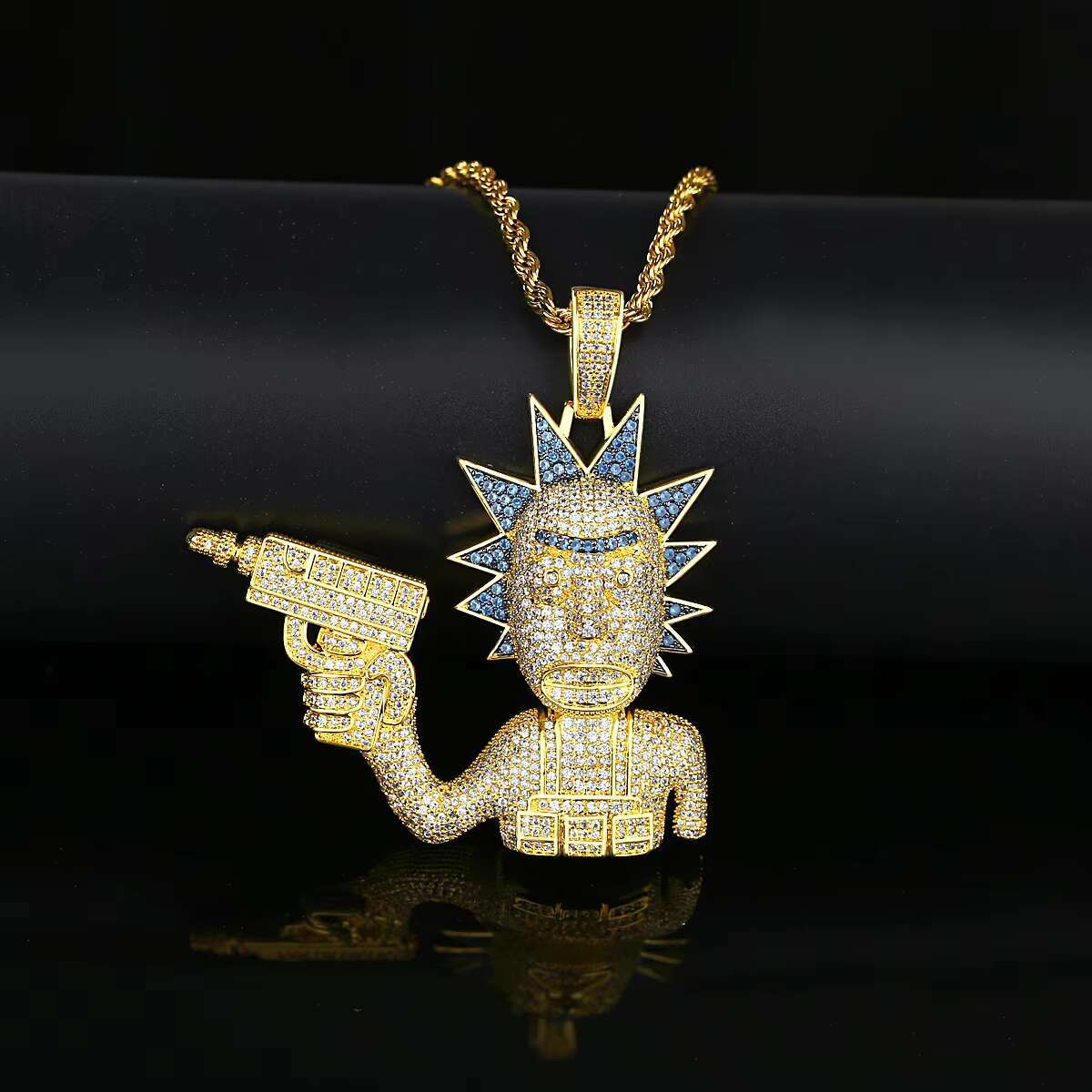JINSE Mena Gun Hip Hop Jewelry Pendant Iced Out Bling Two Tone Man Chain Necklace