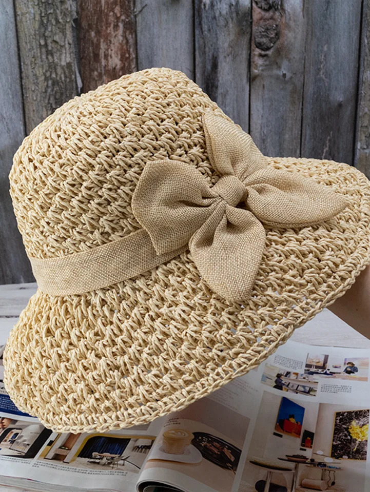 Handmade Straw Hat for Women Summer Fashion Bowknot Foldable Sunscreen Panama Lady Sweet Wide Brim UV Beach Cap Girl 250512