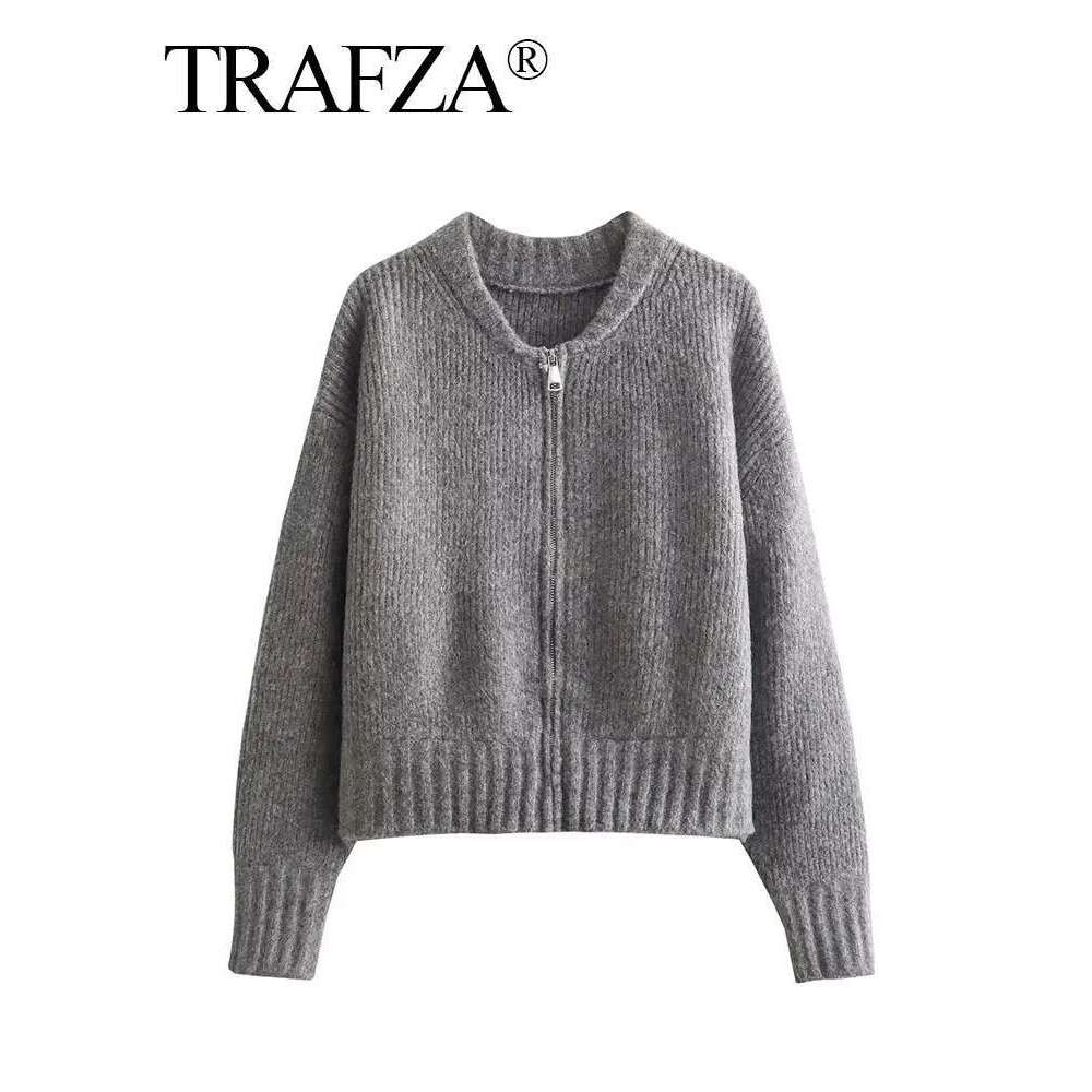 TRAFZA Women Vintage Solid Color Coat Long Sleeve Round Neck Jacket 2024 Spring Female Casual Zipper Sweater Coats