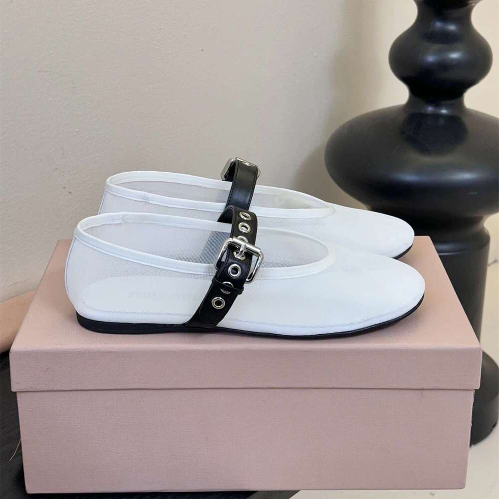 Women Mesh Flats Mary Jaens Genuine Leather Round Toe Buckle Strap Solid Colors Leisure Designer Shoes Zapatillas De Mujer