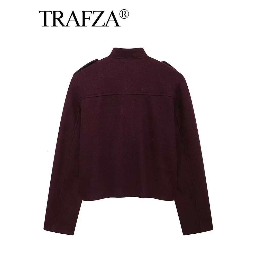 TRAFZA Women Vintage Wine Red Coat O Neck Long Sleeve Single Breasted Jacket With Pockets Autumn Casual Office Lady Outerwear