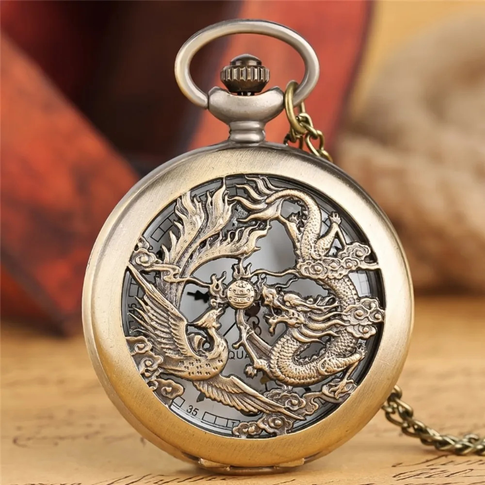 Antique Double Dragons Playing with Beads Pattern Quartz Pocket Watch With Necklace Chain Vintage Gift for Male Women and Kids 250512