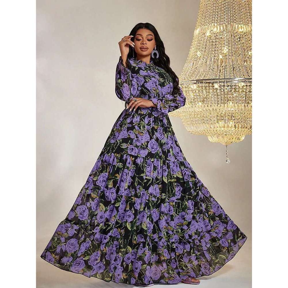 TOLEEN Women Plus Size Maxi Dresses Sweet Print Birthday Party Vintage Chiffon Lantern Sleeve Elegant Dress