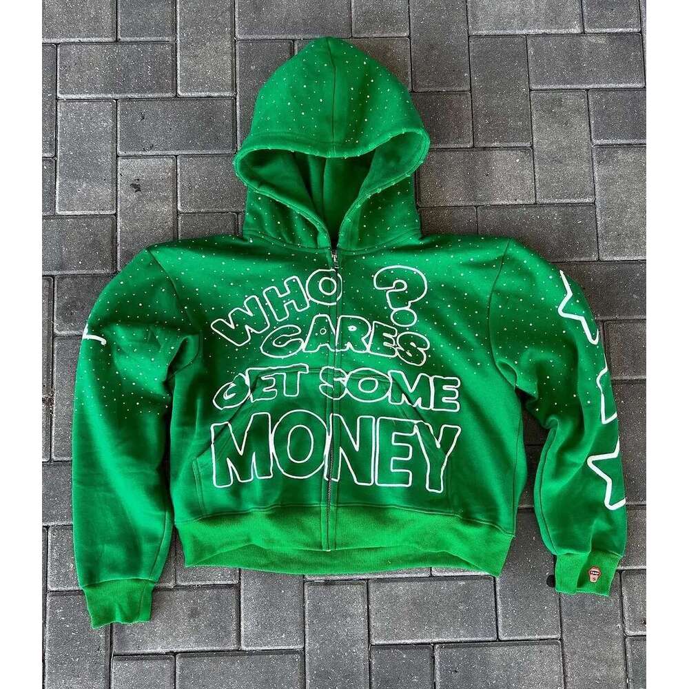 2024 American New Trend Who Cares Get Some Money Printed Zipper Sweater Men's And Women's Y2k Haruku Hip Hop Goth Casual Coat Designer