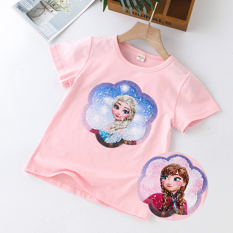 DISNEY Frozen Princess Elsa kids designer clothes Girls' T-shirt children's summer short-sleeved color-changing sequin T-shirt Kuromi.