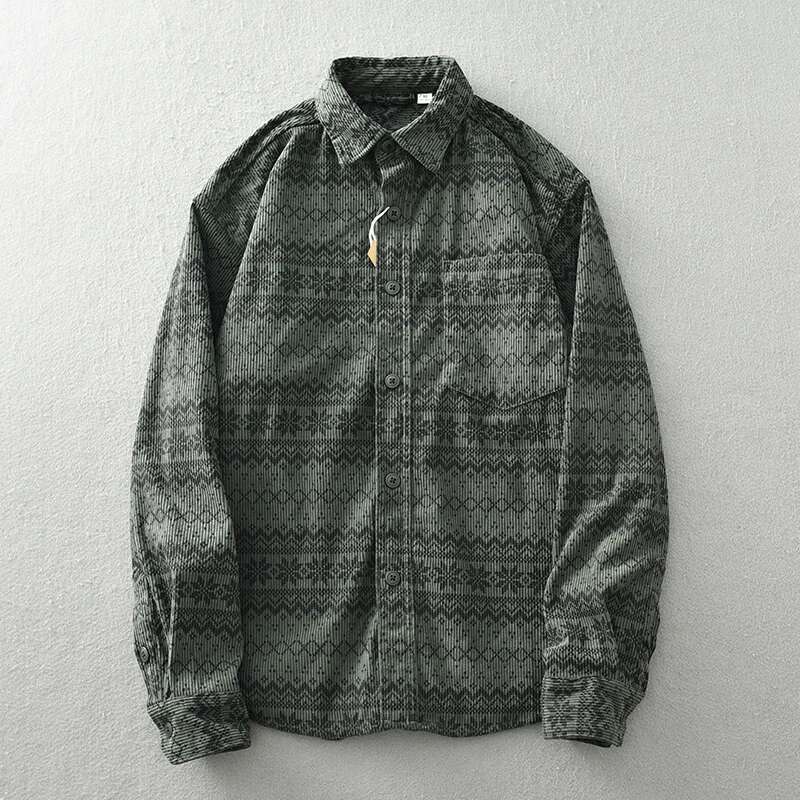 Vintage Corduroy Shirt For Men Japanese Ethnic Embroidered Baggy Lapel Long Sleeve Top Coat Fashion Autumn