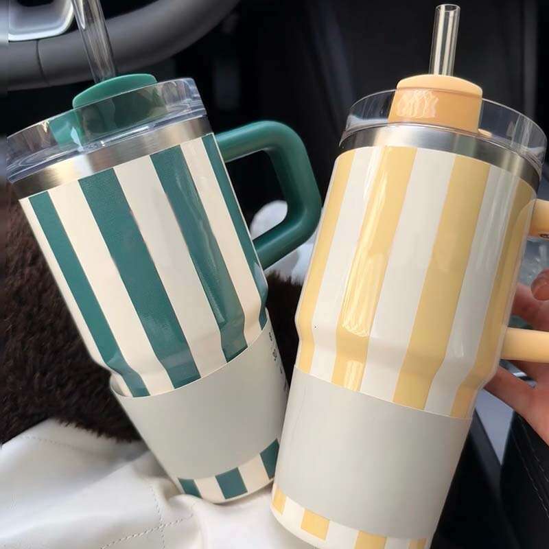 Striped 20Oz Handle Car 304 Stainless Steel Vacuum Insulated Large Capacity Outdoor Portable Straw Cup B5