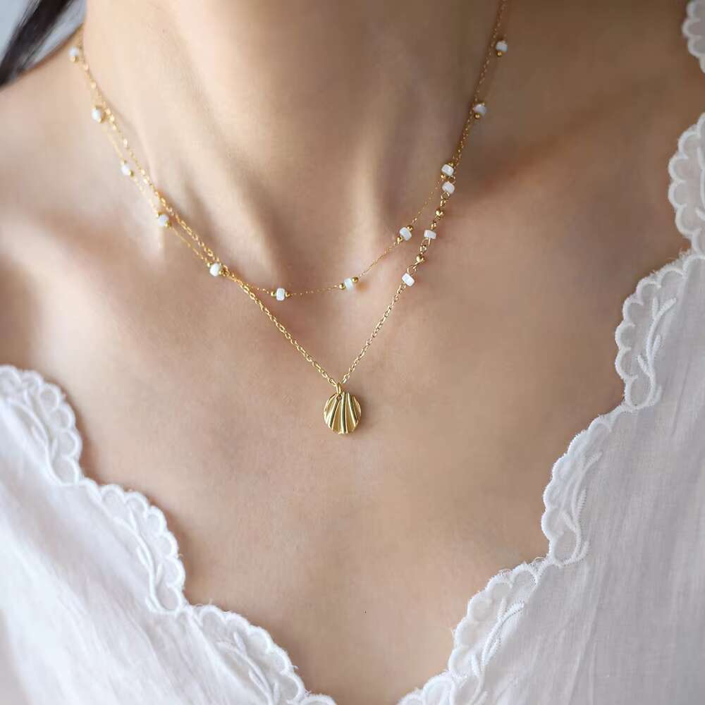 Women's stainless steel gold-plated shell pendant bead natural white stone fashion chain necklace jewelry