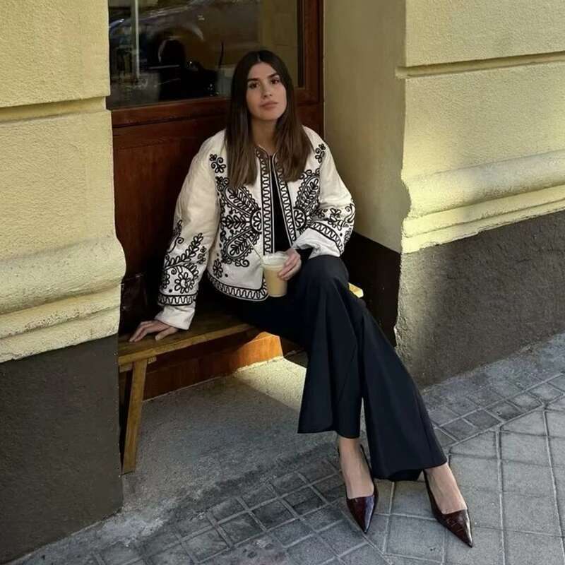 TRAF Autumn Jackets New Chic Embroidery Elegant Young Women's Coat Fashion Street Joker Holiday Jacket