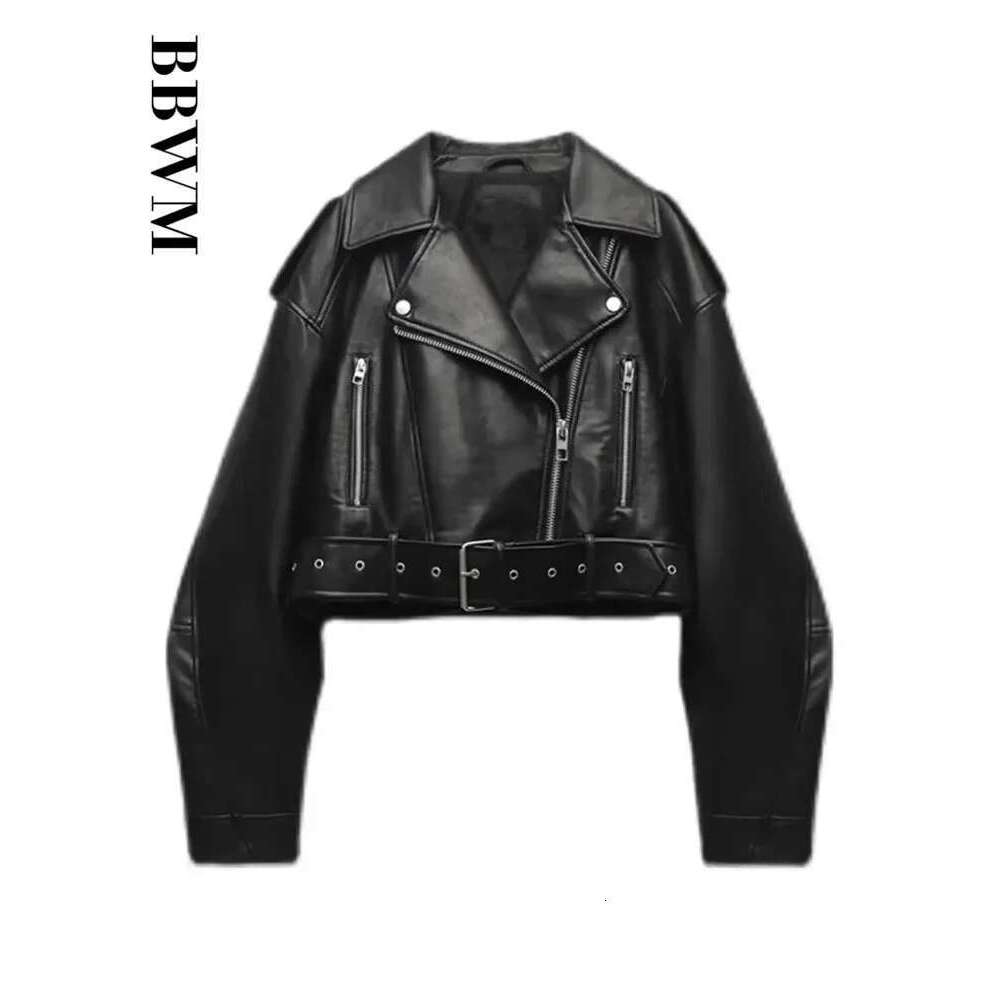 TRAF Women Oversized Vintage Loose Pu Faux Leather Short Jacket With Belt Streetwear Female Zipper Retro Moto Biker Coat Outwear