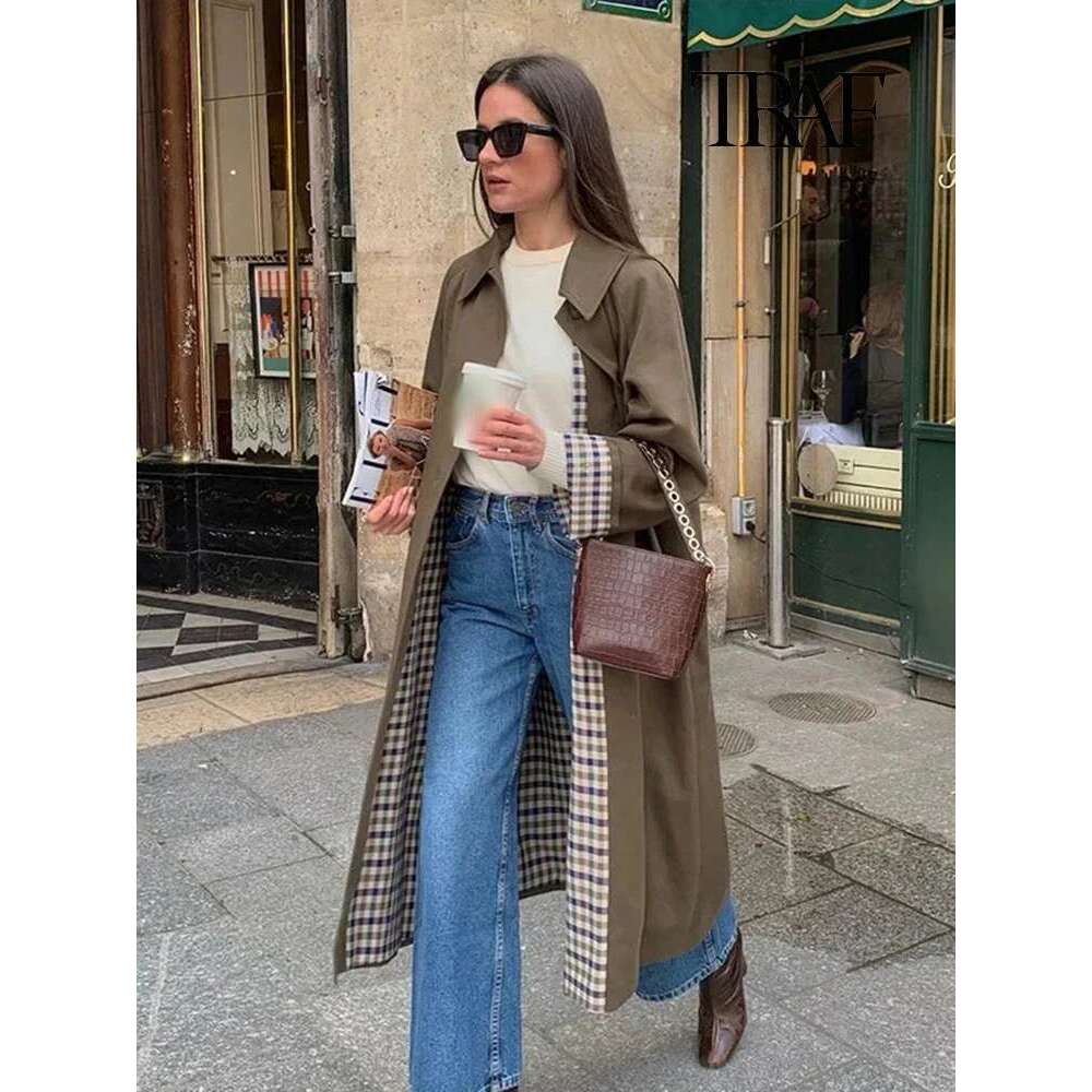 TRAF Women's Fashion Long Trench Retro Loose Single-Breasted Autumn And Winter Lapel High Street Temperament Coat