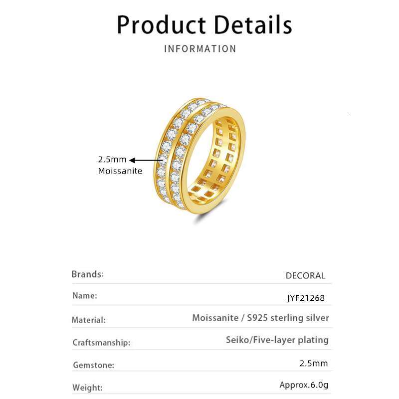 Full Iced Out Sparkling Moissanite Ring 18K Gold Plated 925 Sterling Silver Jewelry Double Row Round Moissanite Ring for Women