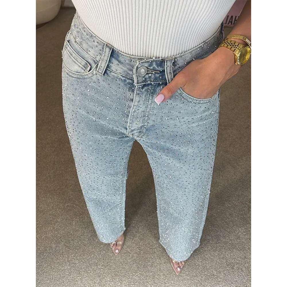 Y2k Women Shiny Rhinestone Denim Pants Wide Leg Straight Full Dia Jeans for Female Dragging High Street Outwear Trousers