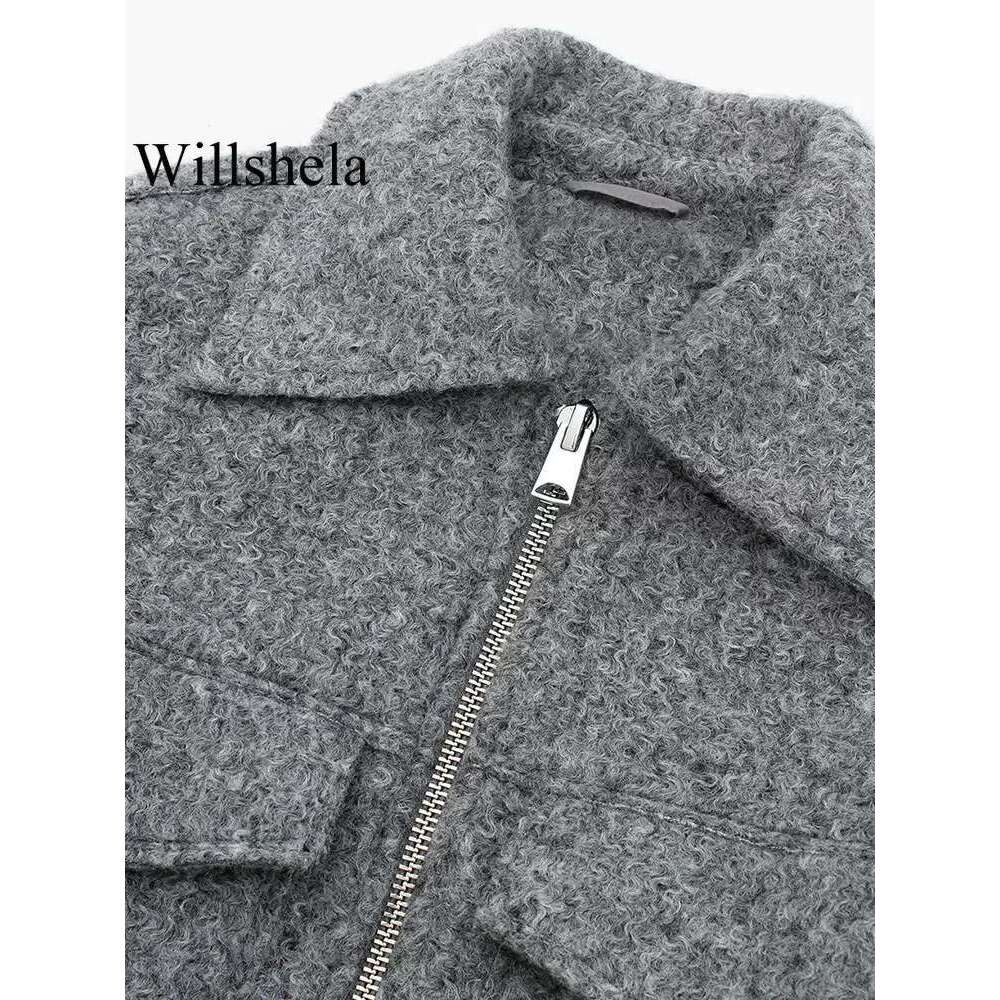 Willshela Women Fashion With Pockets Grey Front Zipper Jackets Vintage Lapel Neck Long Sleeves Female Chic Lady Outfits