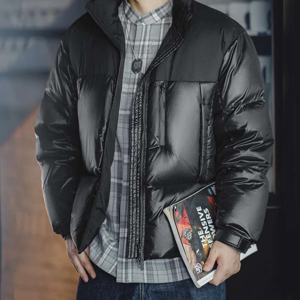 Maden Black Spliced Jacket With 90% White Duck Down Stand-Up Collar Thickened And Cold-Proof For Men's Winter Warm Coat Designer