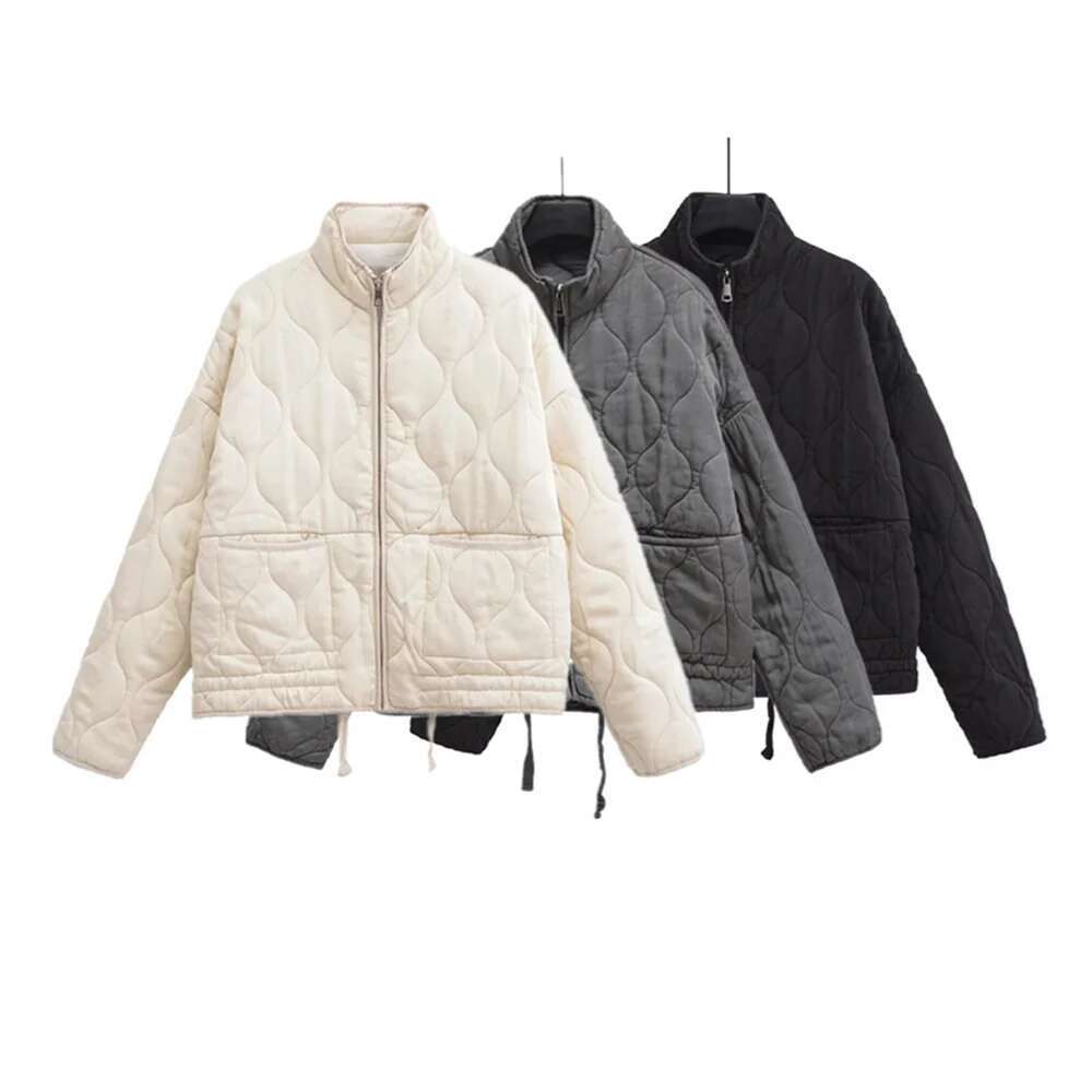 Pb&Za2024 Winter New Women's Clothing Style Commuting Leisure Warm Stand Collar Loose Pocket Dia Grid Cotton Coat